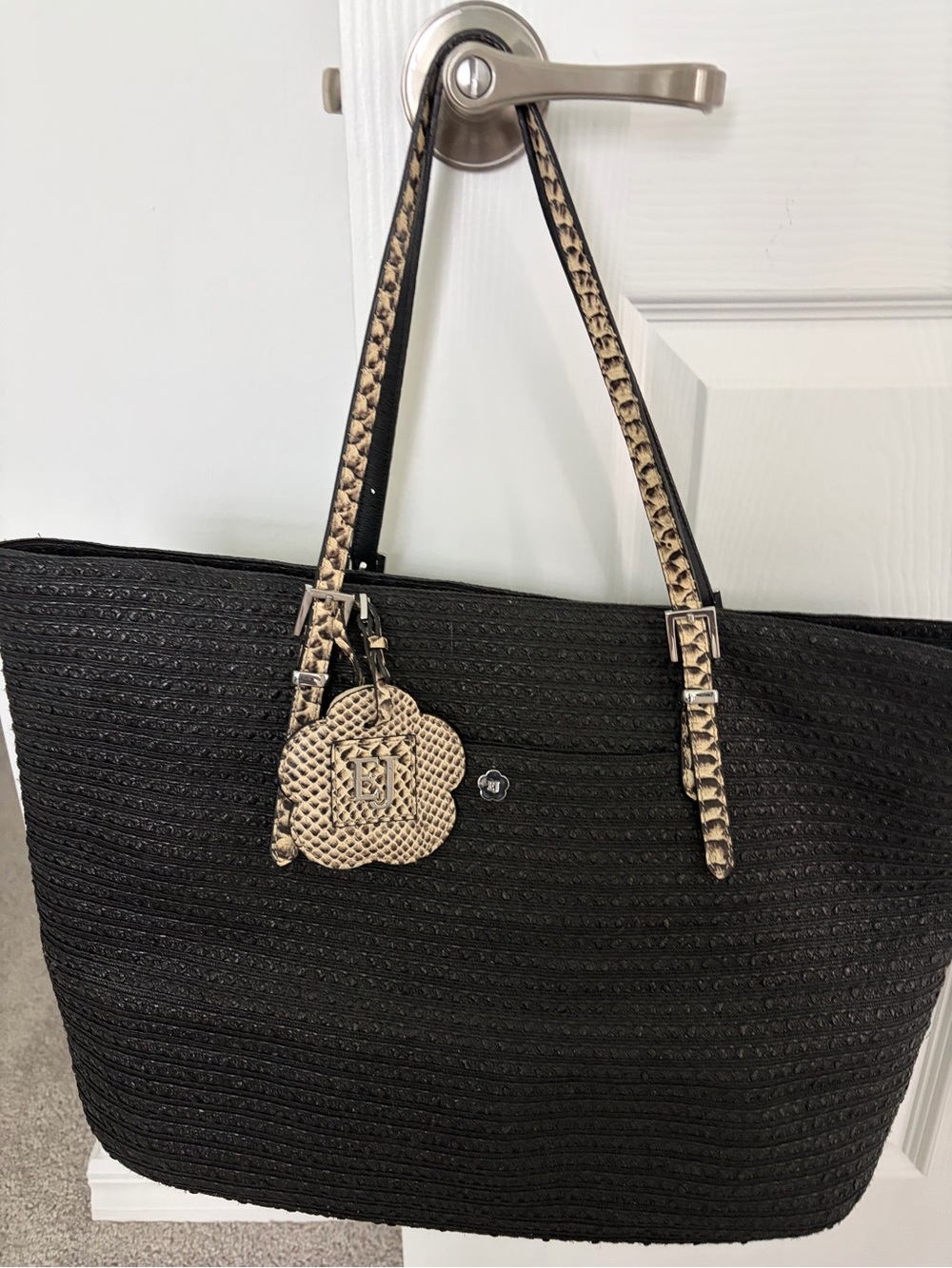 Eric Javits Black Woven Tote with Snake-Print Straps and Charm